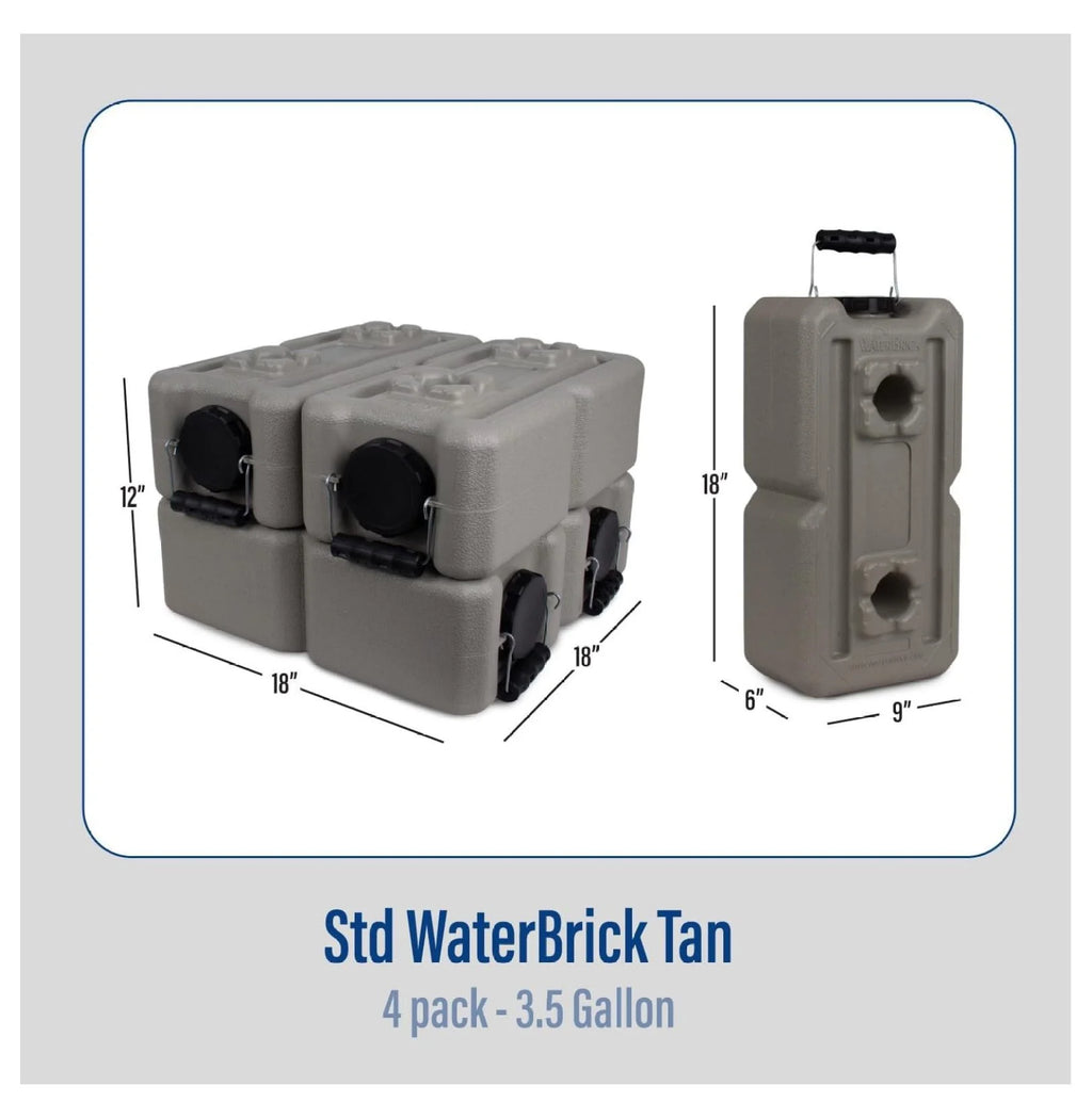 International Water Storage Containers for Emergency Water Storage | 4-Pack of Stackable 3.5 Gallon Water Container Bricks | Food-Grade HDPE Plastic | BPA- | STD Tan