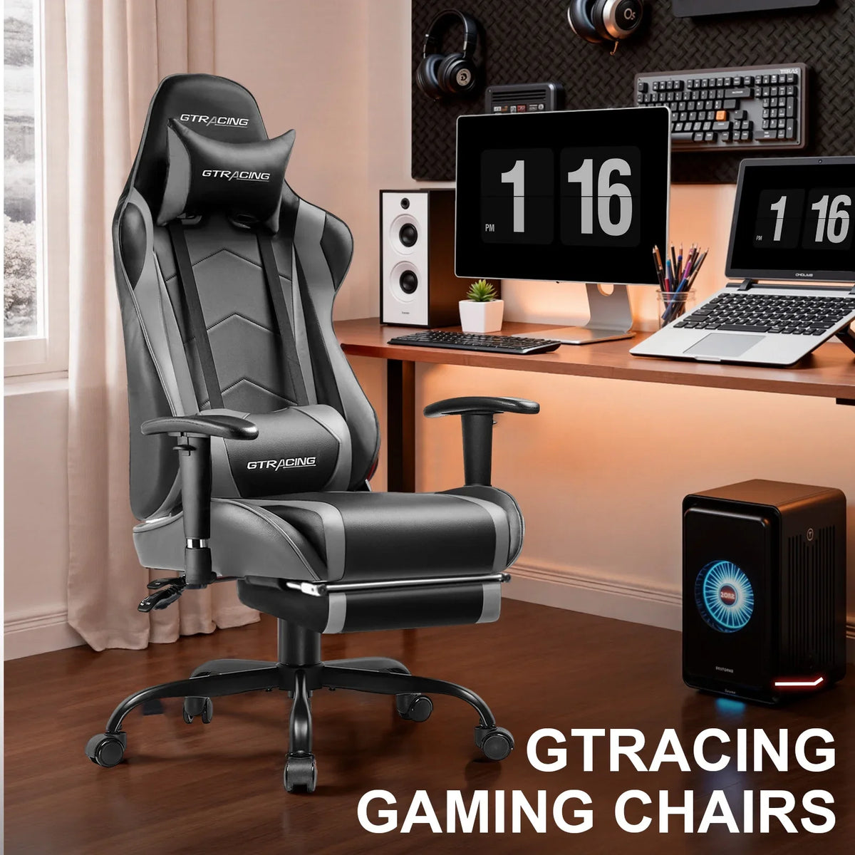2026 NewGTRACING Gaming Chair, Ergonomic Office Desk Chair with Lumbar Support, PU Leather, Footrest & Adjustable Headrest, Red