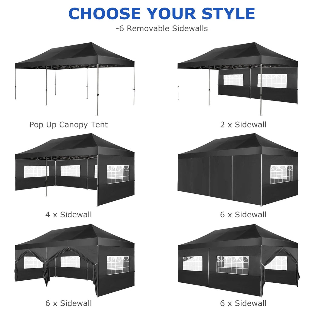 SANOPY 10'x20' Pop Up Canopy Waterproof Folding Tent Outdoor Easy Set-up Instant Tent Heavy Duty Commercial Wedding Party Shelter with 6 Removable Sidewalls, 4 Sandbags, Roller Bag, Black