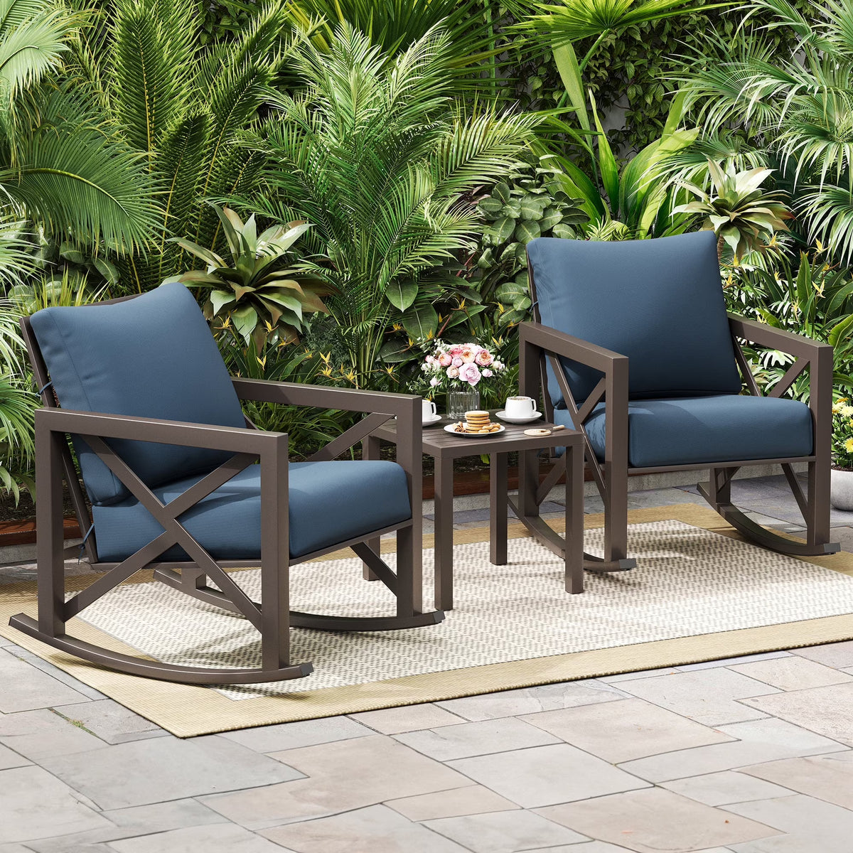2026 NewMRUAKA Rocking Chair Bistro Set,3 Piece Outdoor Patio Furniture Set with 2 Rockers and 1 Metal Coffee Table with Thick Cushions for Porch,Backyard,Poolside,Beige