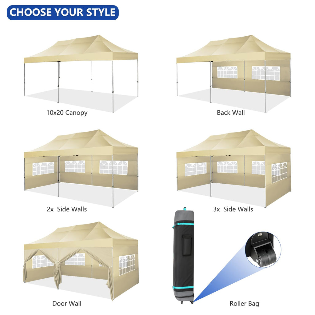 HOTEEL 10x20 Pop up Canopy with 6 Sidewalls Commercial Heavy Duty Canopy UPF 50+ All Weather Waterproof Outdoor Wedding Party Tents Gazebo with Roller Bag, Khaki