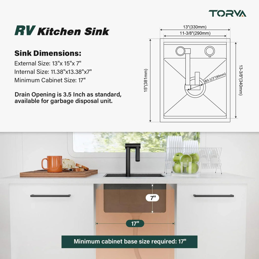 2026 NewTORVA RV Kitchen Sink, 13 x 15 x 7 Inch Undermount Bar Sink 16 Gauge Stainless Steel Single Bowl Sink with Foldable Faucet Cutting Board, Dark Grey