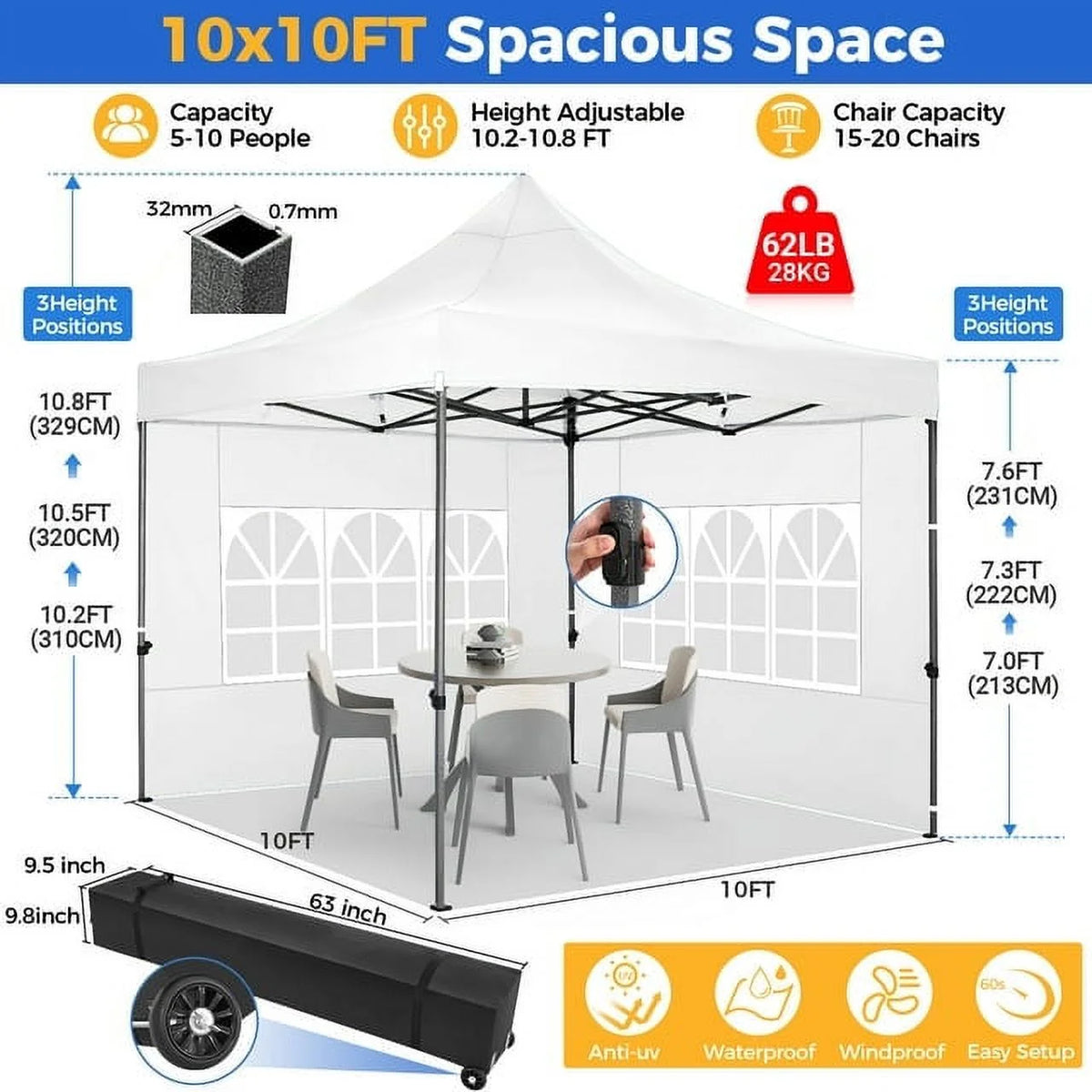 SANOPY 10'x20' Pop Up Canopy Waterproof Folding Tent Outdoor Easy Set-up Instant Tent Heavy Duty Commercial Wedding Party Shelter with 6 Removable Sidewalls, 4 Sandbags, Roller Bag, Black