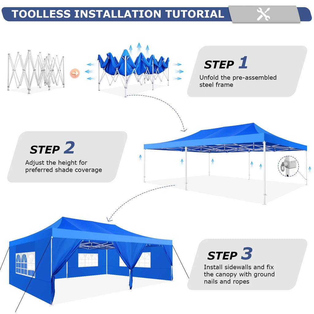 COBIZI 10x20 Heavy Duty Pop up Canopy Tent with 6 sidewalls Easy Up Commercial Outdoor Canopy Wedding Party Tent for Beach All Season Wind & Waterproof Gazebo with Roller Bag,Black(Frame Thickened)