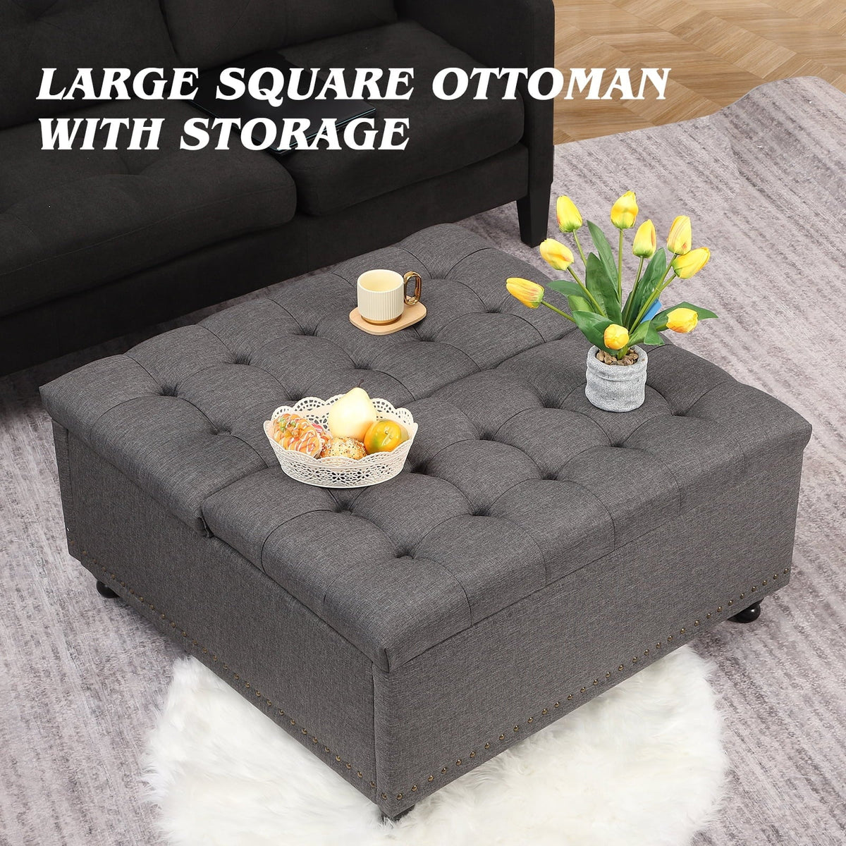 2026 NewMagic Union 35" Large Square Storage Ottoman, Oversized Square Ottoman with Storage, Tufted Upholstered Ottoman Coffee Table with Lift Top for Living Room (Beige)
