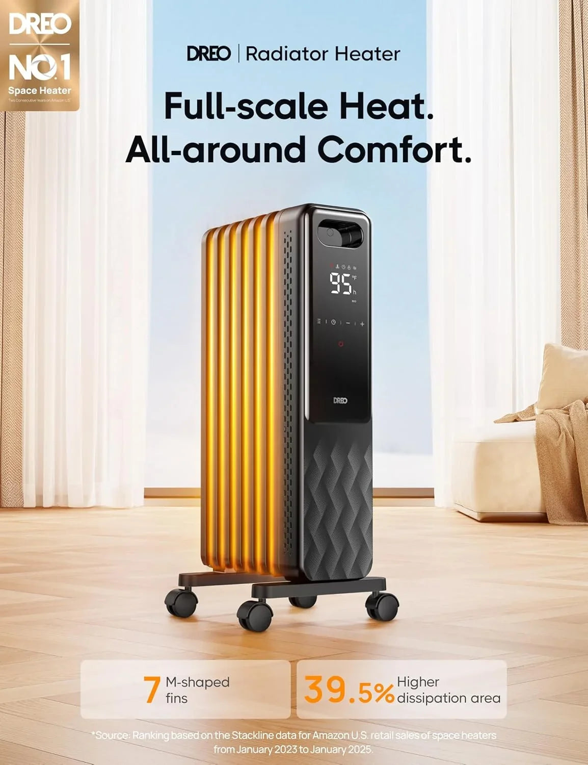 2026 NewDreo Oil Filled Radiator, Electric Radiant Heaters for indoor use Large Room with Remote Control, Child Lock, 4 Modes, Overheat & Tip-Over Protection, 24h Timer, Digital Thermostat, Quiet, 1500W
