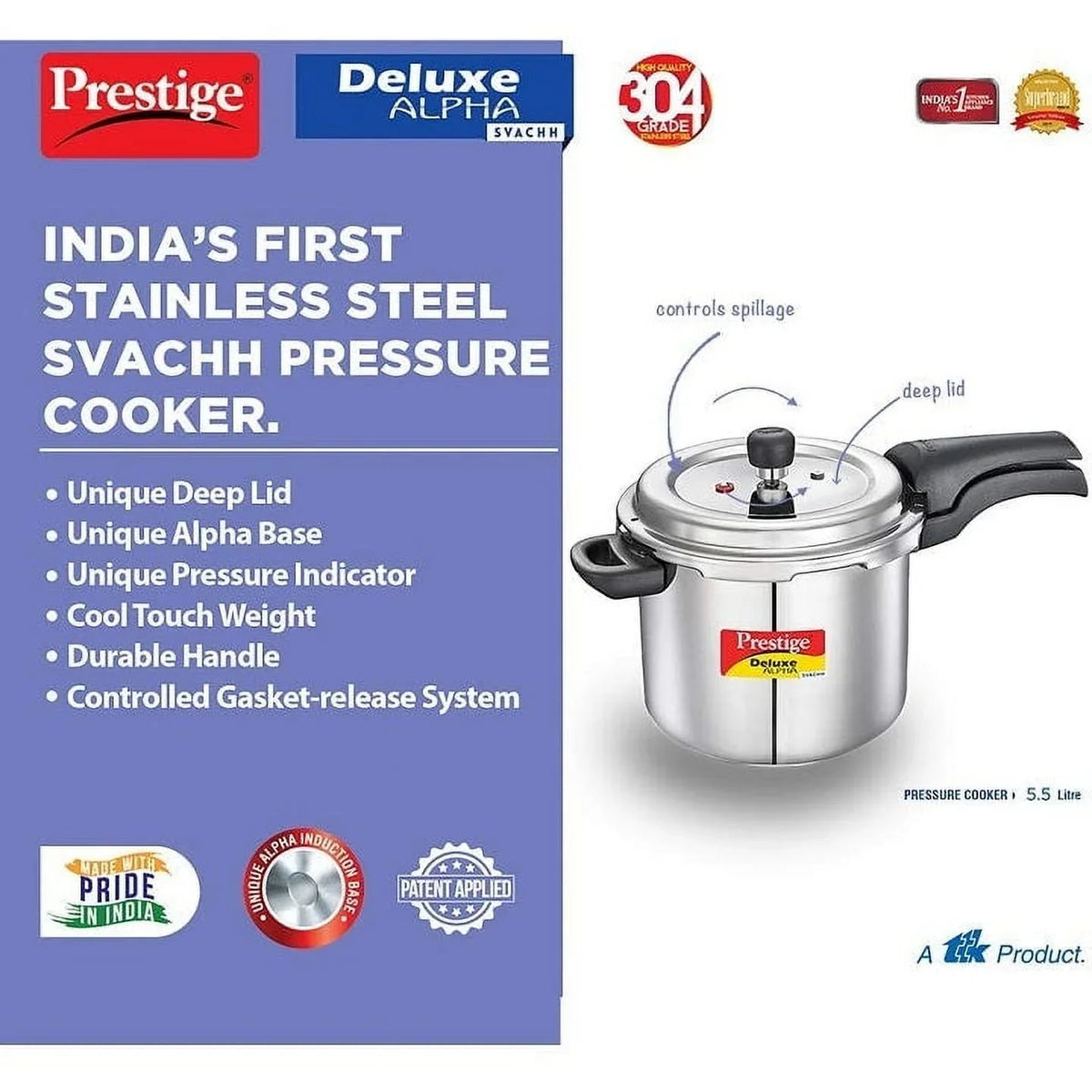 2026 NewPrestige Deluxe Alpha Svachh 5.5L Stainless Steel Pressure Cooker
