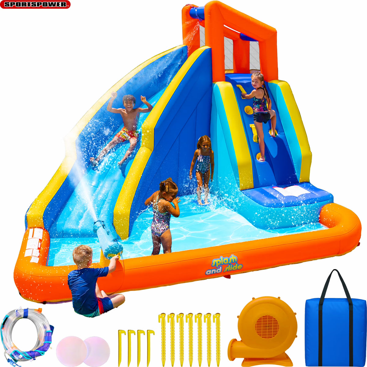 2026 NewSportspower Big Wave II Inflatable Water Slide with Climbing Wall & Splash Pool, Ages 3-8, Heavy Duty, ASTM Certified, Lifetime Warranty on Included Blower