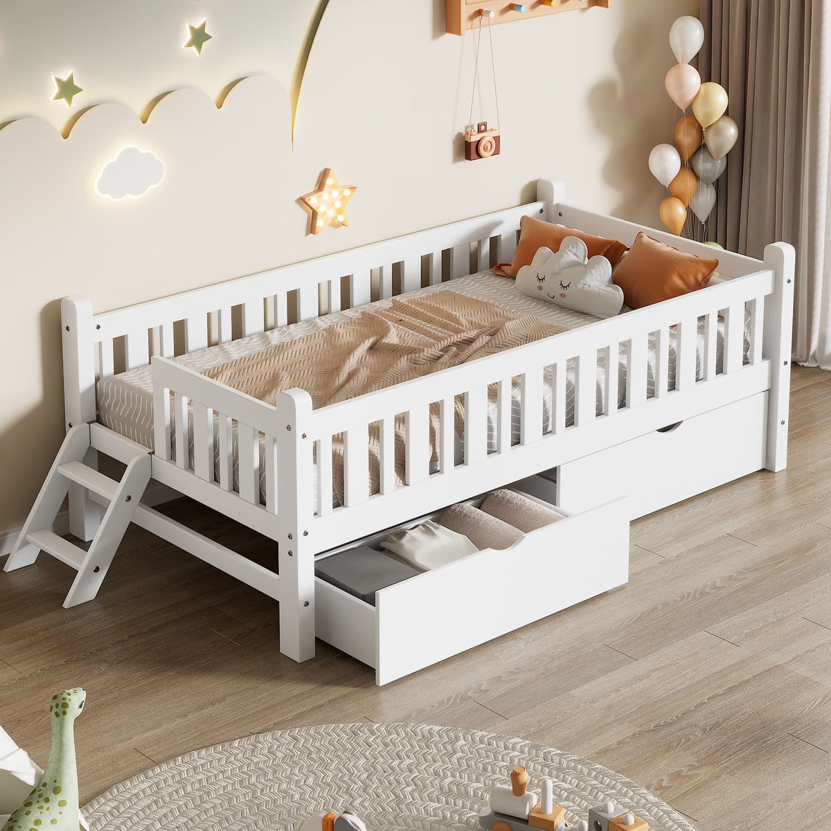 2026 NewEuroco Wood Twin Size Platform Bed with 2 Drawers and Ladder for Kids and Toddlers, White