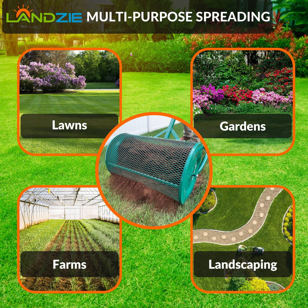 2026 NewLandzie Compost Spreader 24 Inch Walk-Behind Lawn & Garden Spreader with Metal Mesh Basket