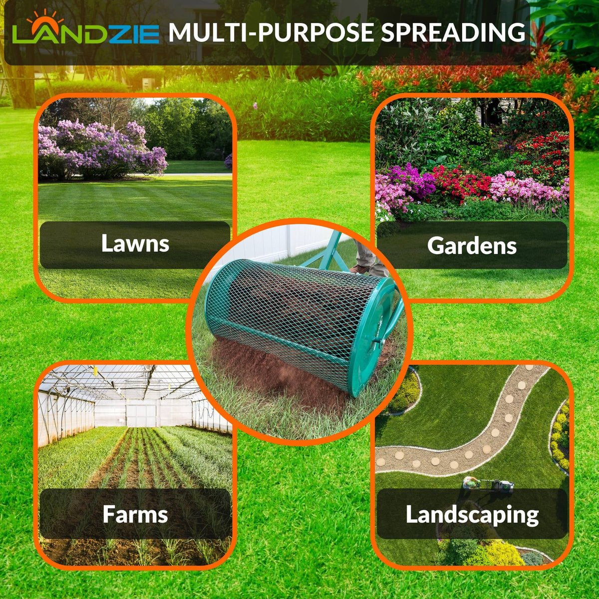 2026 NewLandzie Compost Spreader 24 Inch Walk-Behind Lawn & Garden Spreader with Metal Mesh Basket