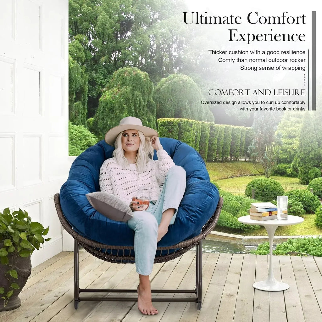 2026 NewOutdoor Papasan Rocking Chair, Patio Oversized Wicker Egg Rocking Chair, Indoor & Outdoor Comfy Rocker Chair with Thick Cushion, Modern Lounge Chair for Front Porch, Garden, Backyard, Grey