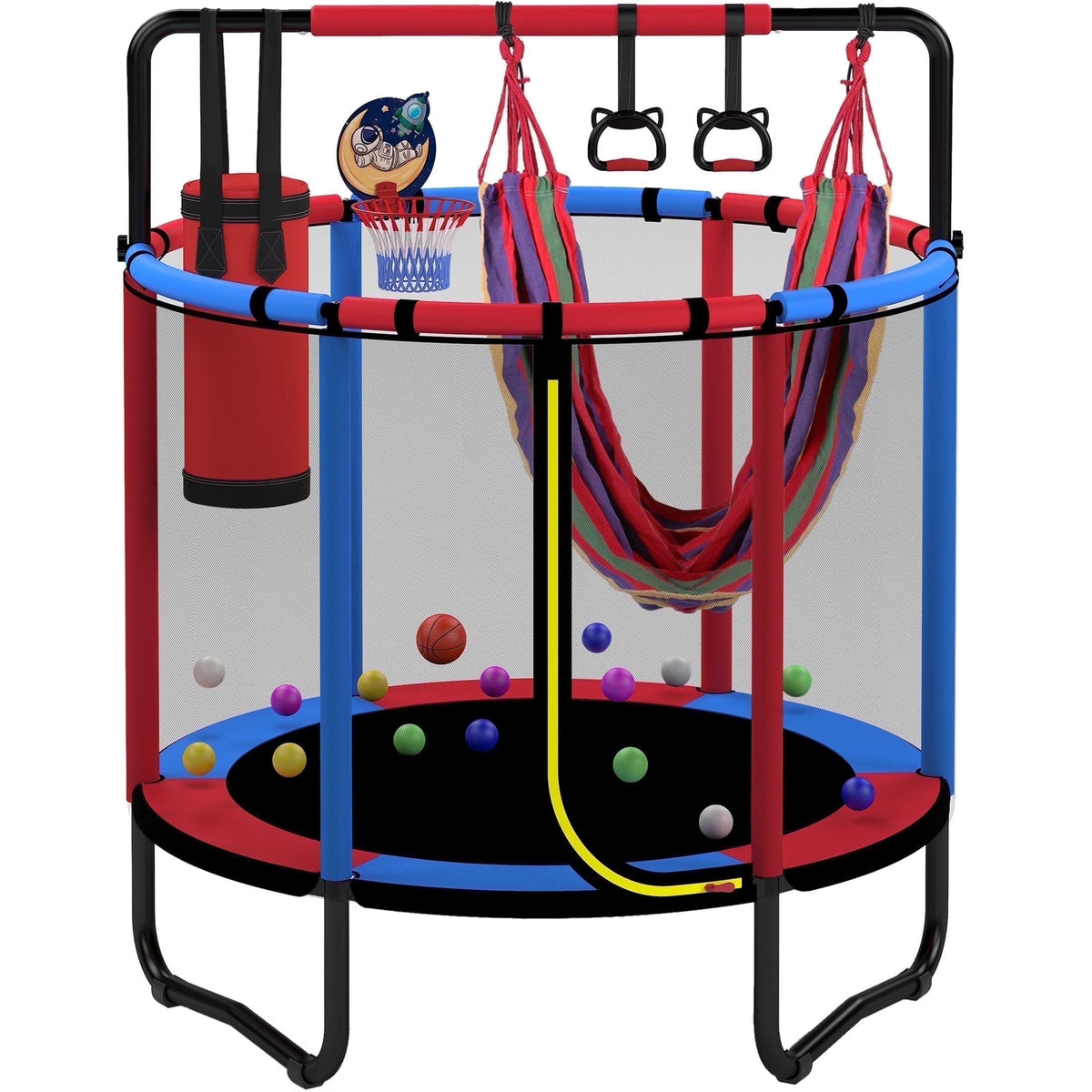 2026 NewMini Round Trampoline for Kids with Basketball Hoop, SEGMART 55'' Indoor Outdoor Toddler Trampoline with Enclosure Net, Swing, Sandbag, Ring, Ocean Balls, Small Trampoline Gift for Boys Girls, Blue