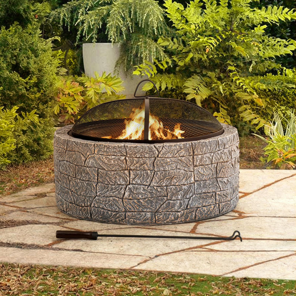 2026 NewSunjoy Stone Fire Pit 26 Inch, Outdoor Round Wood Burning Fire Pits with Spark Screen and Poker Grey