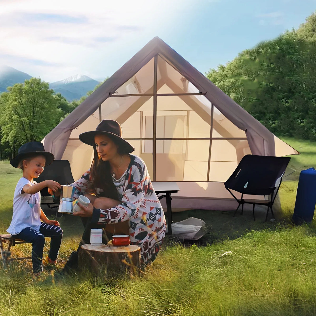 Wilitto Inflatable Tent for Camping, 1-6 Person Blow-up Air Tent, Easy Setup Waterproof Windproof Cabin Tent, 4 Seasons Family Glamping Tent House _Beige