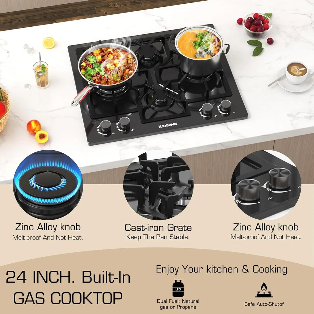 2026 New24 Inch Black Gas Cooktop - Built-in Dual Fuel Natural Gas & Propane Stove - 4 Burner Convertible Cooktop with Thermocouple Protection