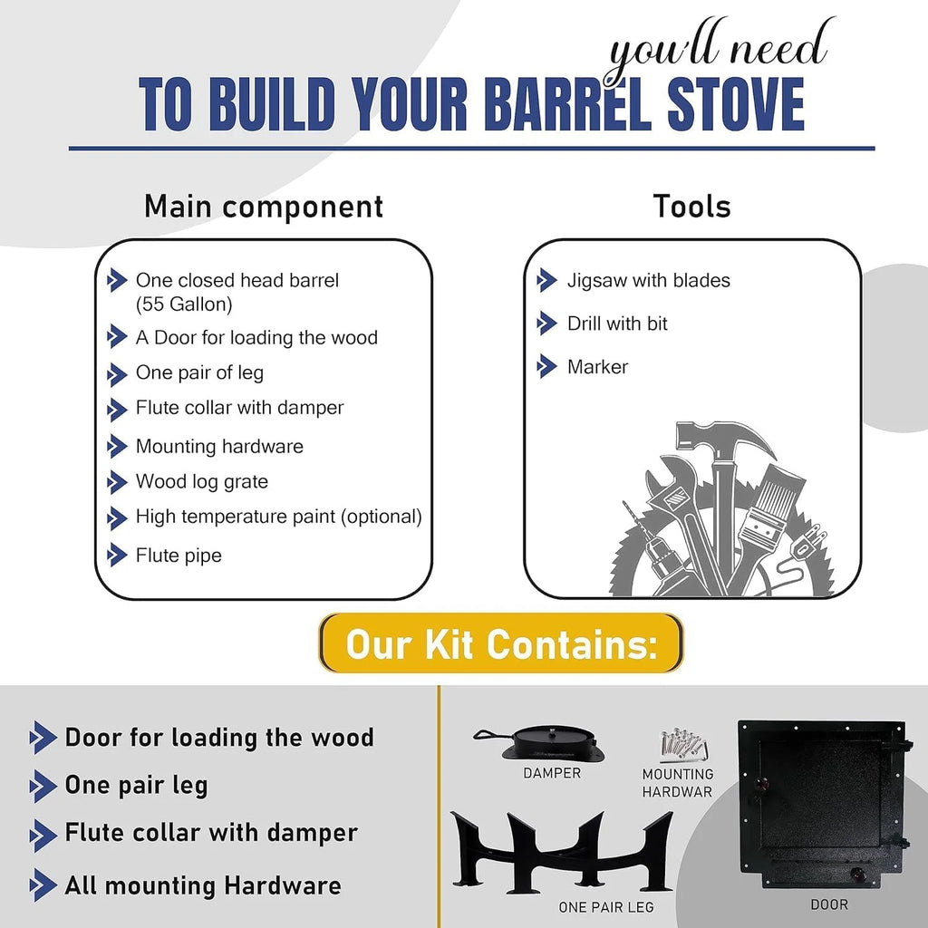 Barrel Stoves Kit -C Perfect For 30-55 Gallon Drum Wood Stove Kit - Wood Burning Stove Kit Barrel Stove Door - Fire Wood Camp Stove Kit Wood Stove Kit for Emergency Heating & Cooking