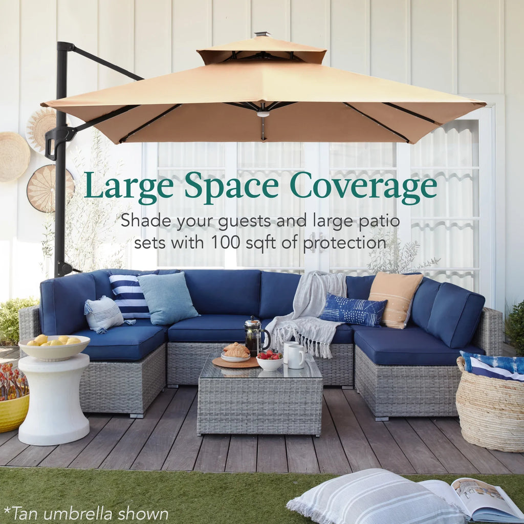 2026 NewBest Choice Products 10x10ft 2-Tier Square Outdoor Solar LED Cantilever Patio Umbrella w/ Base Included - Tan