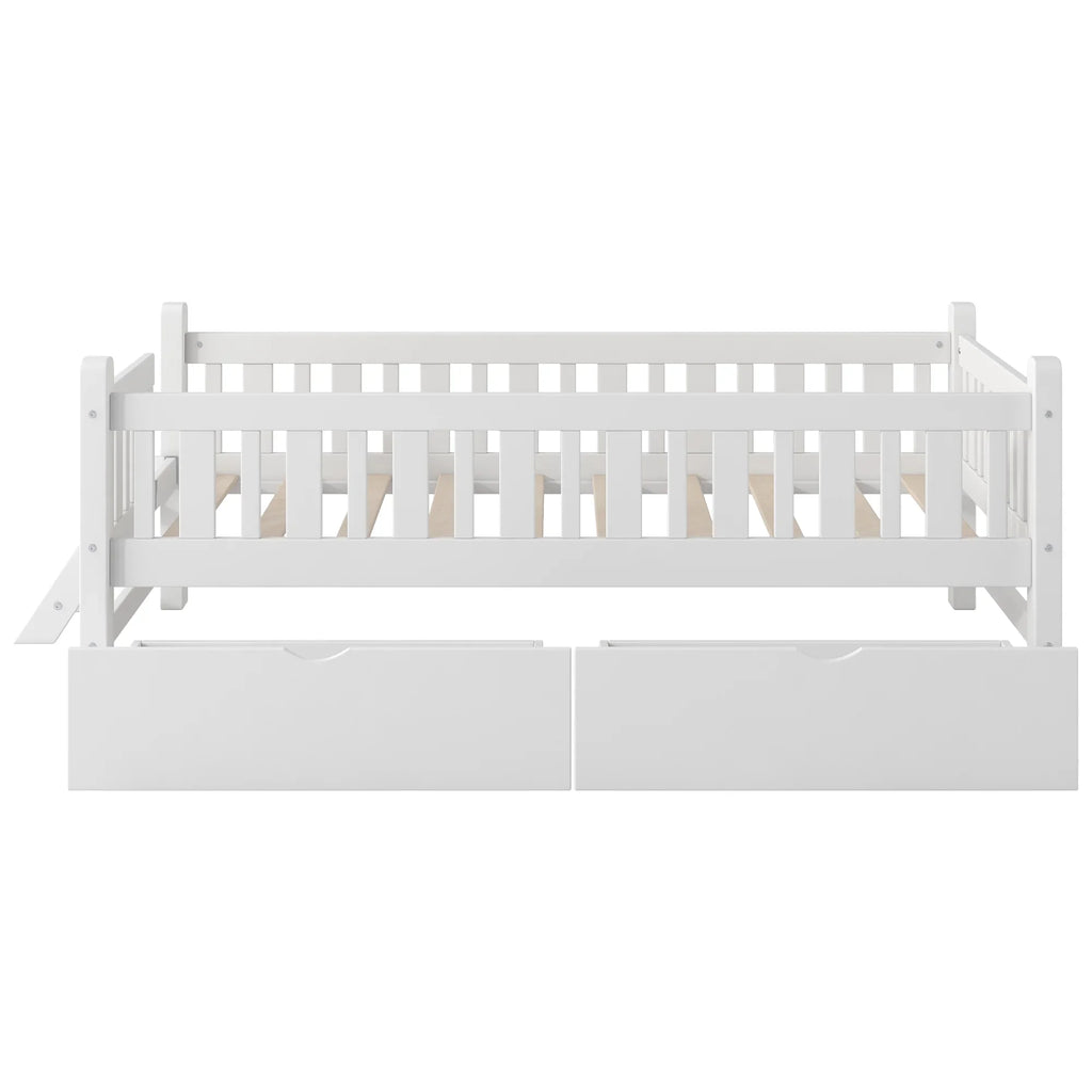 2026 NewEuroco Wood Twin Size Platform Bed with 2 Drawers and Ladder for Kids and Toddlers, White