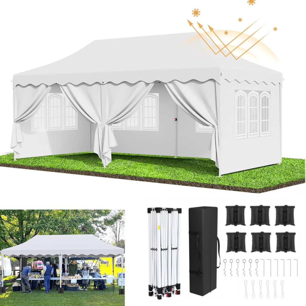 LAZY BUDDY 10'x20' Pop up Canopy Tent with 6 Sidewalls, Heavy Duty Outdoor Canopy Tent Commercial Instant Folding Sun Shelter for Party, Wedding, Camping