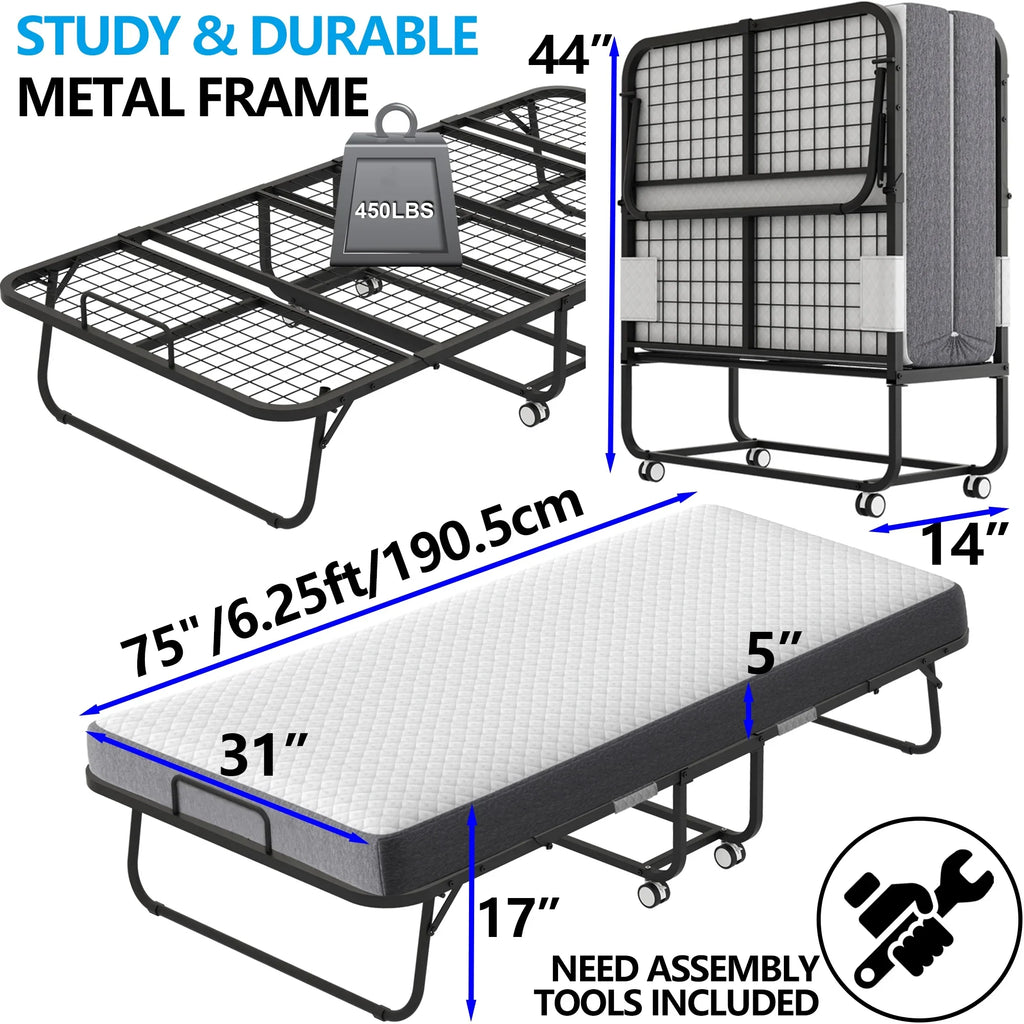 2026 NewFolding Bed with Mattress 75" x 31" Cot Size Folded Bed, Rollaway Guest Bed Portable Foldable Extra Bed for Adults Daybed with 5" Memory Foam Mattress Space-Saving Sturdy Metal Grid Frame