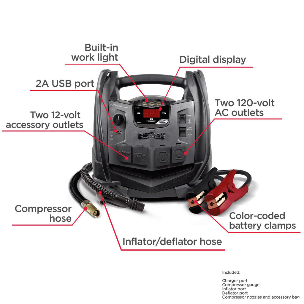 Schumacher SJ1427 6-in-1 Portable Power Station and 1500 Peak Amp Jump Starter -?150-PSI Air Compressor and 200 Continuous/400 Peak Watt Power Inverter -?Works with Apple and Android Devices