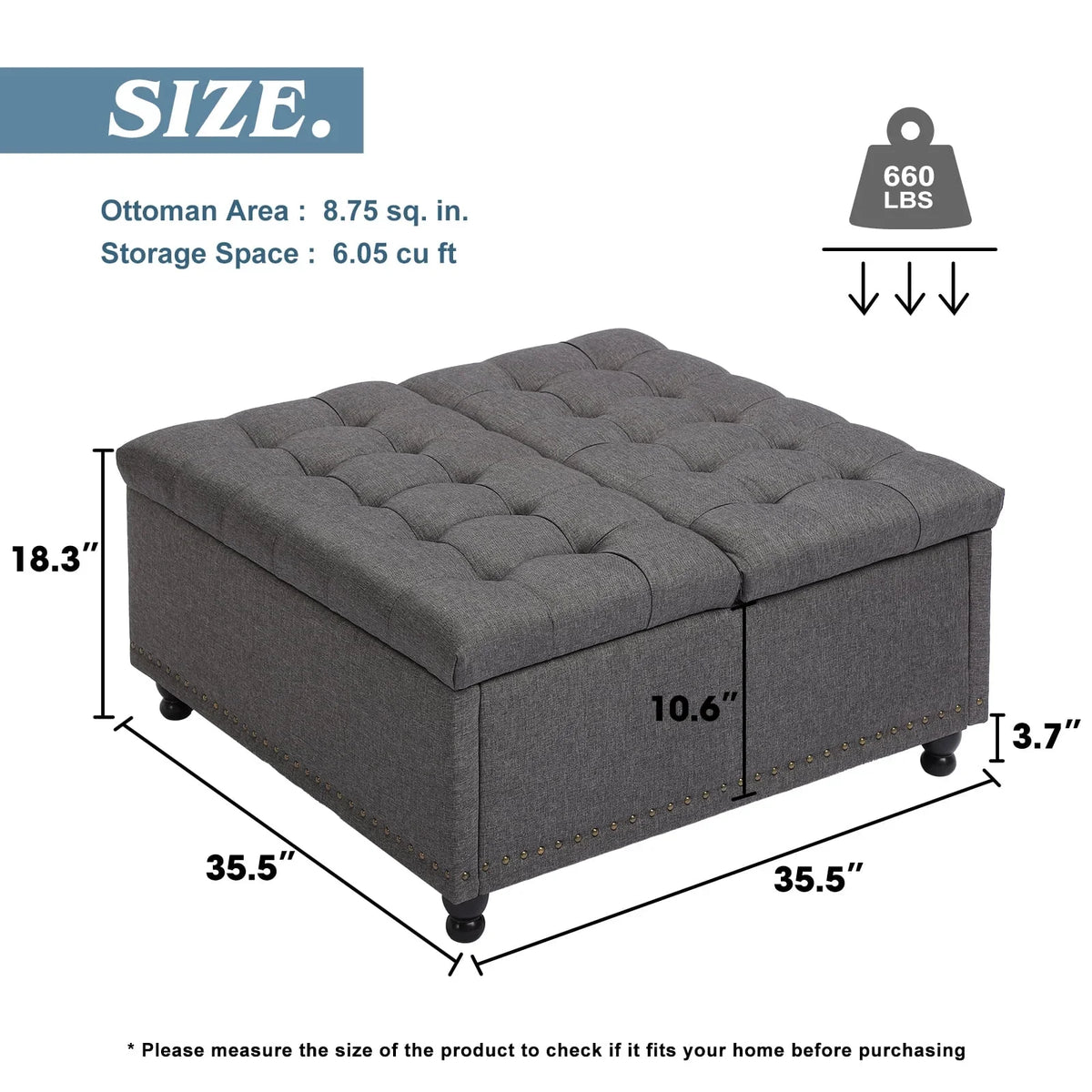 2026 NewMagic Union 35" Large Square Storage Ottoman, Oversized Square Ottoman with Storage, Tufted Upholstered Ottoman Coffee Table with Lift Top for Living Room (Beige)
