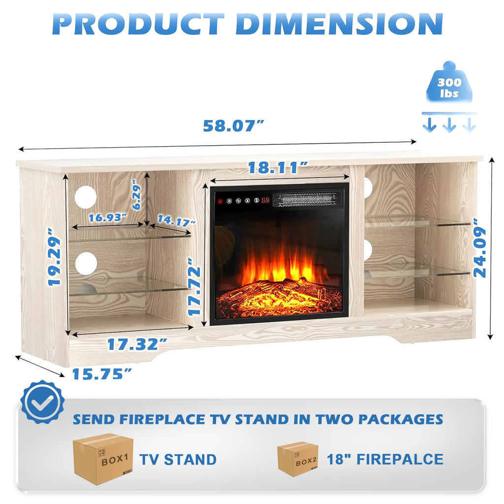 Waleaf Fireplace TV Stand with 18'' Fireplace for TVs up to 65 inch, Two Adjustable Glass Shelves