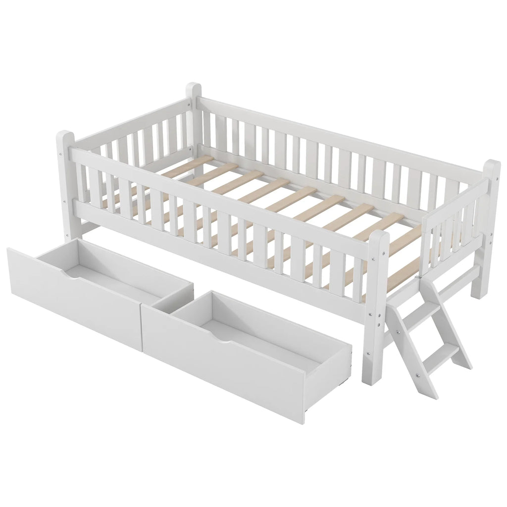 2026 NewEuroco Wood Twin Size Platform Bed with 2 Drawers and Ladder for Kids and Toddlers, White