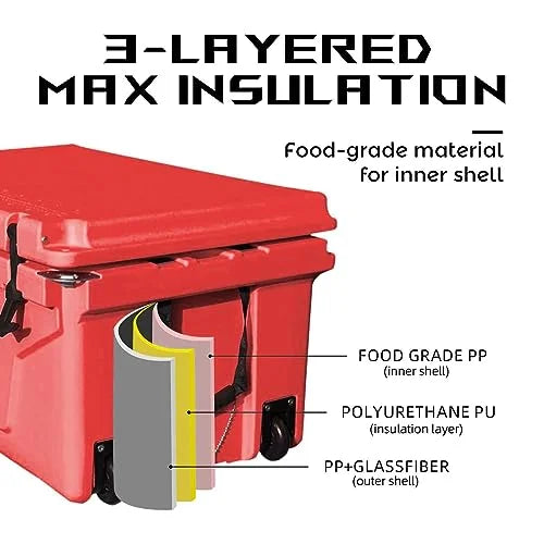 Portable Cooler 65 Quart Ultra-Light Wheeled Hard Cooler Insulated Portable Ice Chest Box with Wheels, Large Leakproof Camping Cooler for Beach, Camping, Picnic, Fishing, Boat, Barbecue